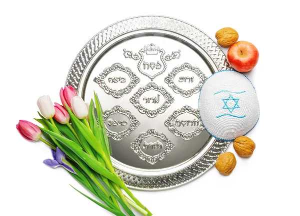 Composition Passover Seder Plate White Background — Stock Photo, Image