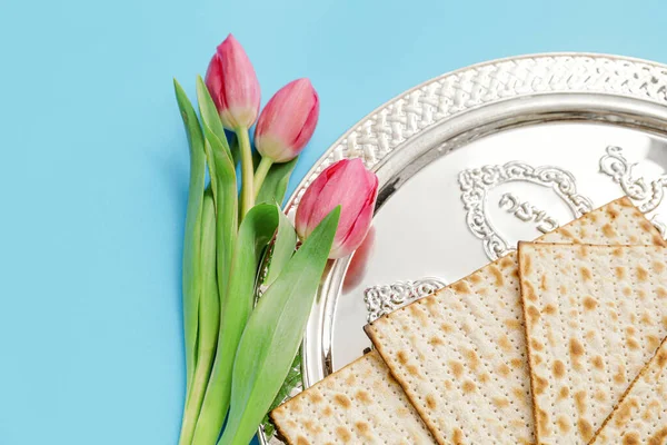 Sammansättning Med Påsk Seder Platta Färg Bakgrund — Stockfoto