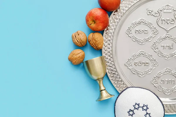 Composition Passover Seder Plate Color Background — Stock Photo, Image