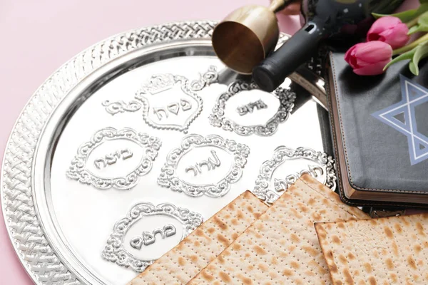 Composition Passover Seder Plate Color Background — Stock Photo, Image