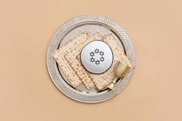 Composition Passover Seder Plate Color Background — Stock Photo, Image