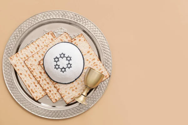 Composition Passover Seder Plate Color Background — Stock Photo, Image