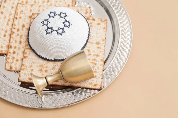 Kompozice Destičkou Passover Seder Barevném Pozadí — Stock fotografie