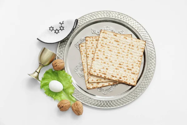 Kompozice Destičkou Passover Seder Bílém Pozadí — Stock fotografie