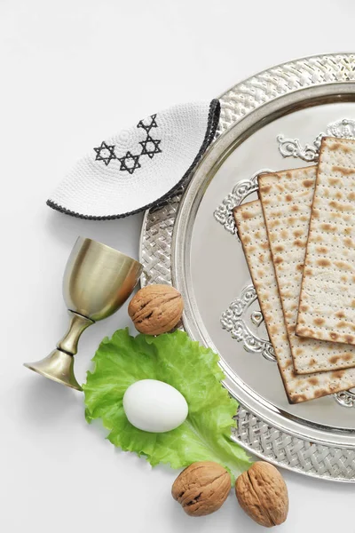 Kompozice Destičkou Passover Seder Bílém Pozadí — Stock fotografie