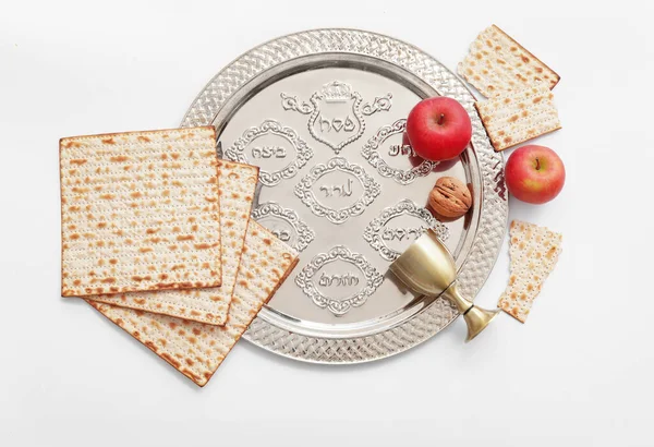 Kompozice Destičkou Passover Seder Bílém Pozadí — Stock fotografie