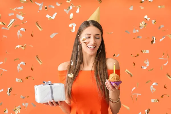 Young Woman Celebrating Birthday Color Background — Stock Photo, Image