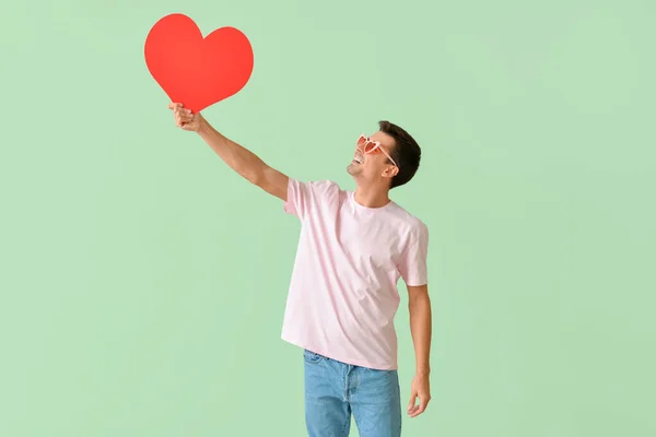 Handsome Man Big Red Heart Color Background — Stock Photo, Image