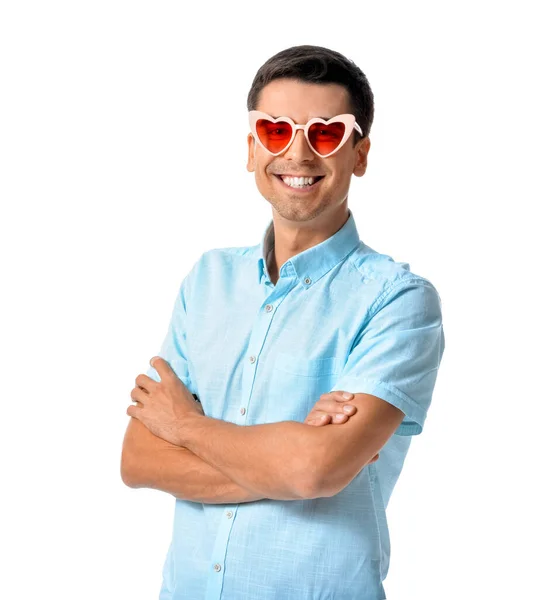Bonito Homem Usando Óculos Forma Coração Fundo Branco — Fotografia de Stock
