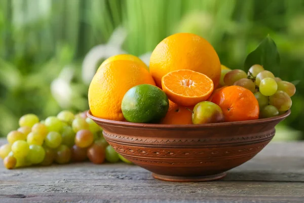 Bowl Different Fruits Table Outdoors — Stock Photo, Image