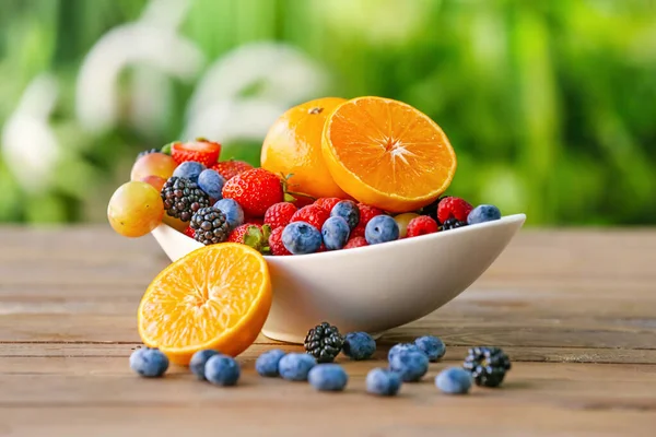 Bowl Different Fruits Berries Table Outdoors — Stock Photo, Image