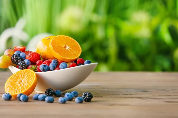 Bowl Different Fruits Berries Table Outdoors — Stock Photo, Image