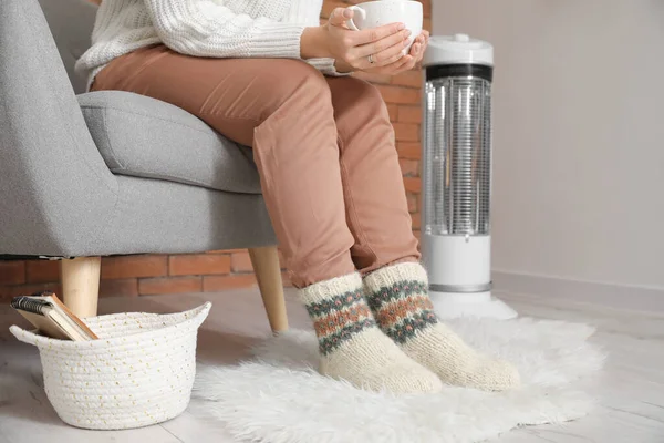 Young Woman Warm Clothes Cup Tea Home Concept Heating Season — Stock Photo, Image