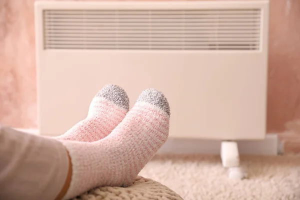 Young Woman Warm Socks Electric Heater Home Concept Heating Season — Stock Photo, Image