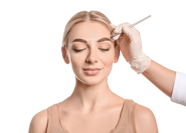 Young Woman Undergoing Eyebrow Correction Procedure White Background — Stock Photo, Image