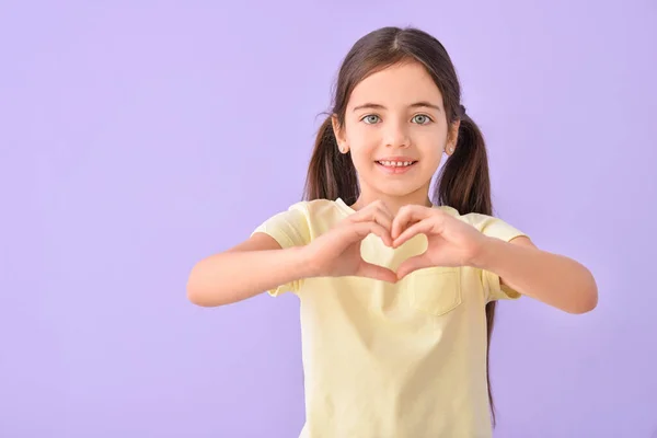 Cute Little Girl Making Heart Her Hands Color Background — Stock Photo, Image