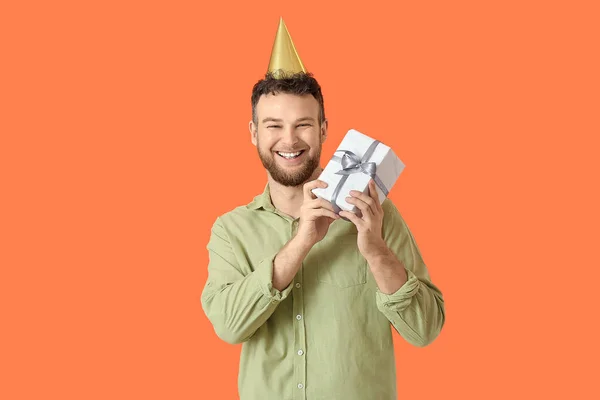 Young Man Celebrating Birthday Color Background — Stock Photo, Image