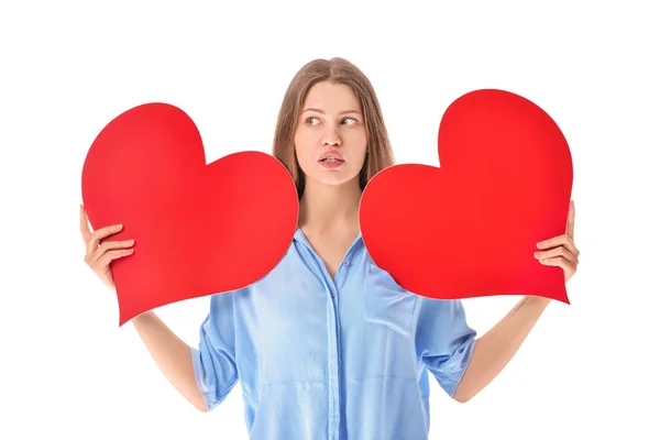 Troubled Woman Red Hearts White Background — Stock Photo, Image