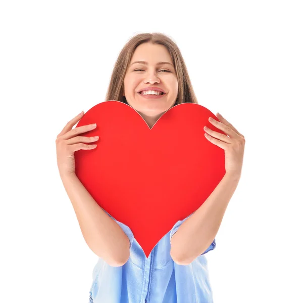 Young Woman Red Heart White Background — Stock Photo, Image