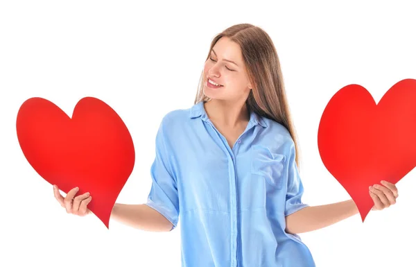 Young Woman Red Hearts White Background — Stock Photo, Image