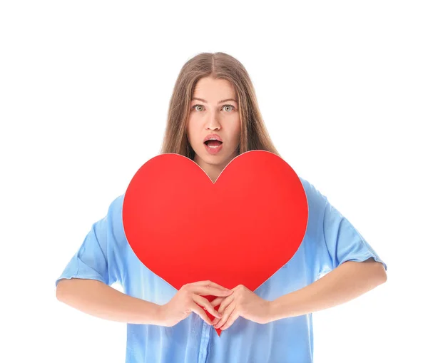 Surprised Woman Red Heart White Background — Stock Photo, Image