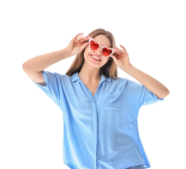 Schöne Junge Frau Stylischer Sonnenbrille Herzform Auf Weißem Hintergrund — Stockfoto