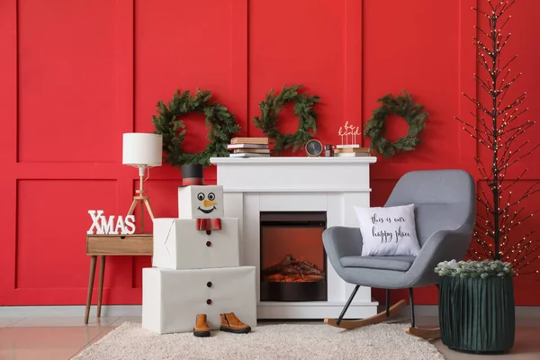 Beautiful Interior Living Room Fireplace Decorative Snowman — Stock Photo, Image