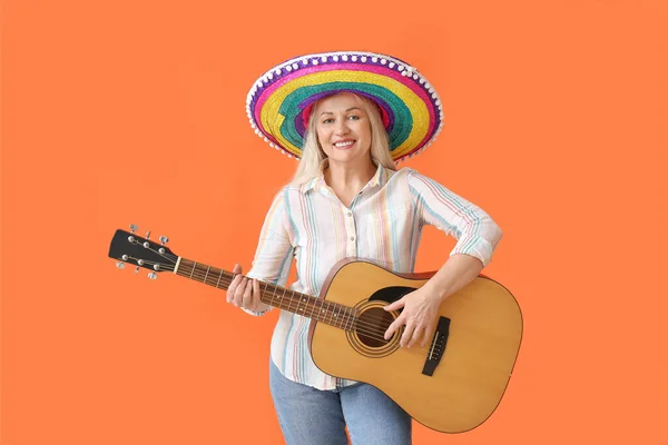 Mature Mexican Woman Sombrero Hat Guitar Color Background — Stock Photo, Image