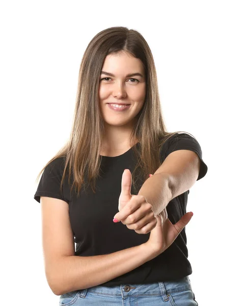 Mooie Jonge Vrouw Tonen Thumb Witte Achtergrond — Stockfoto