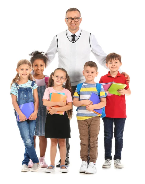 Beyaz Arka Planda Öğretmenleri Olan Küçük Çocuklar — Stok fotoğraf