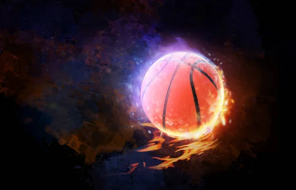 Volar Bola Ardiente Para Jugar Baloncesto Sobre Fondo Oscuro — Foto de Stock