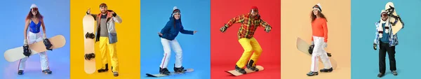 Collage Diferentes Snowboarders Sobre Fondo Color —  Fotos de Stock