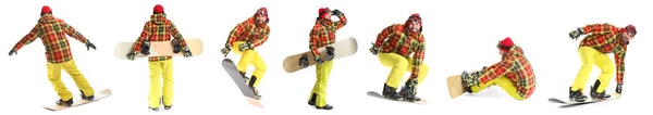Koláž Samce Snowboardista Bílém Pozadí — Stock fotografie