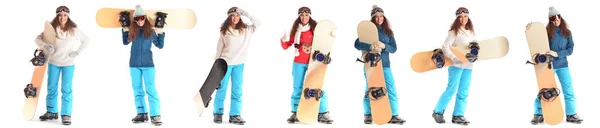 Collage Kvindelige Snowboarder Hvid Baggrund - Stock-foto