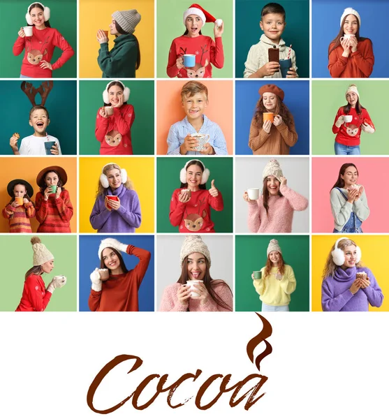 Kollázs Különböző Emberek Ivás Forró Csokoládé Színes Háttér — Stock Fotó
