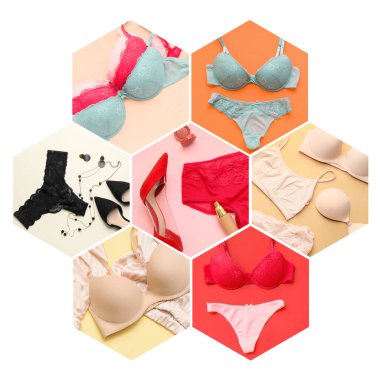 Collage of different stylish female lingerie on white background clipart