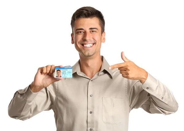 Joven Feliz Con Licencia Conducir Sobre Fondo Blanco — Foto de Stock