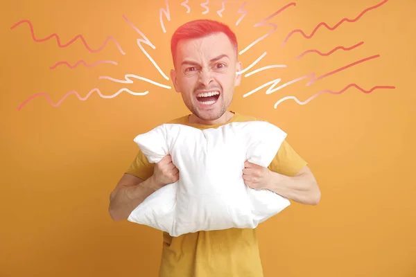 Angry Man Pillow Color Background — Stock Photo, Image