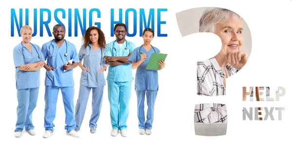 白种人的老年妇女和医生团队的结合体 疗养院的概念 — 图库照片