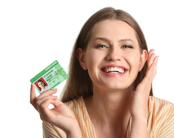 Mujer Joven Feliz Con Licencia Conducir Sobre Fondo Blanco — Foto de Stock