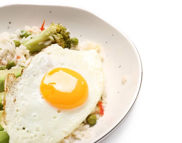Plate Tasty Egg Vegetables Rice White Background — Stock Photo, Image