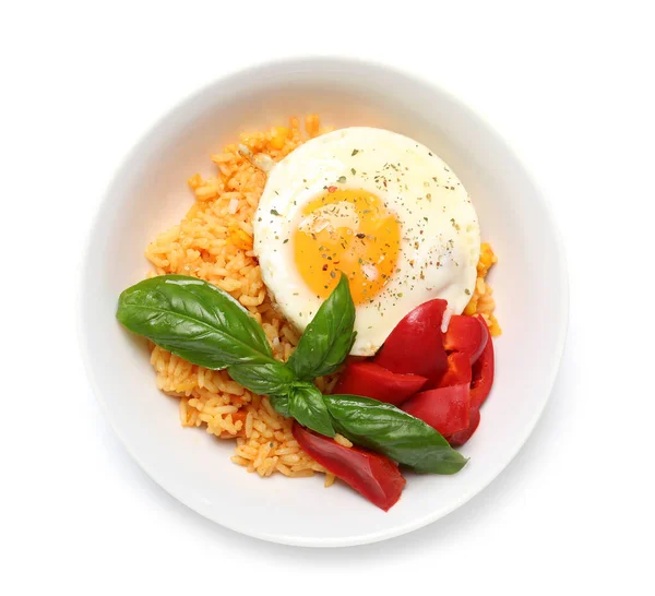 Plate Tasty Egg Pepper Rice White Background — Stock Photo, Image