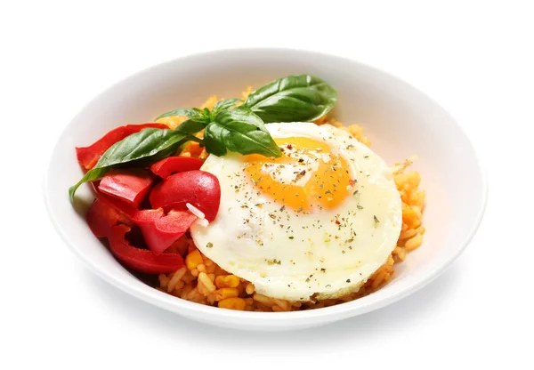 Plate Tasty Egg Pepper Rice White Background — Stock Photo, Image