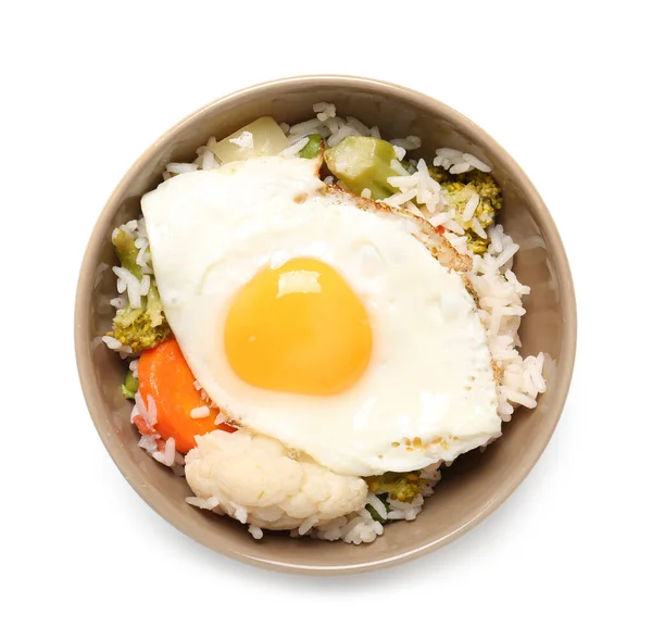 Bowl Tasty Egg Vegetables Rice White Background — Stock Photo, Image
