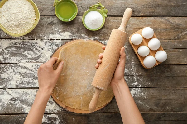 Woman Making Dough Wooden Background — Stock Photo, Image