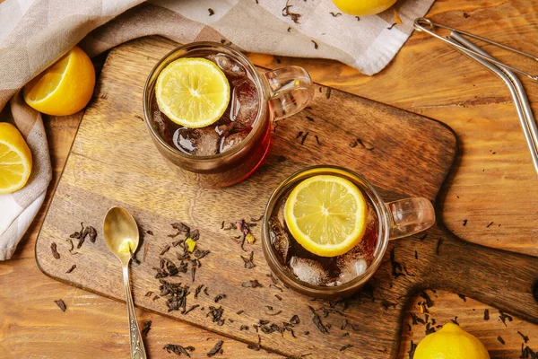 Cups Cold Black Tea Lemon Wooden Background — Stock Photo, Image
