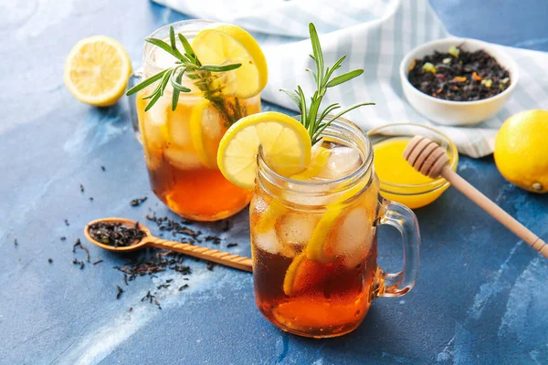 Mason Jars Cold Black Tea Lemon Color Background — Stock Photo, Image