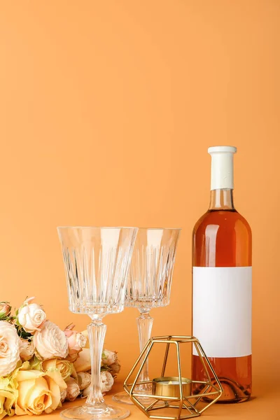 Bottle Wine Glasses Valentines Day Celebration Color Background — Stock Photo, Image