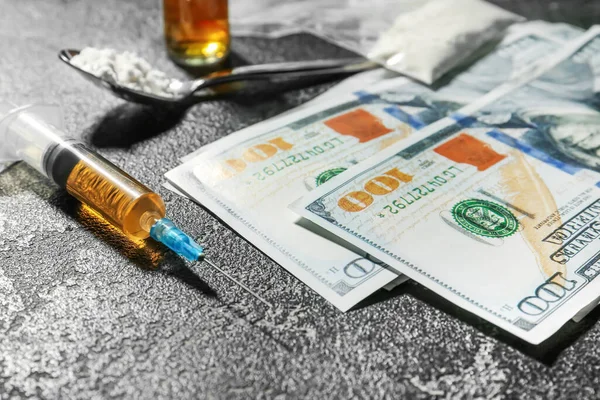 Syringe Drugs Money Dark Background — Stock Photo, Image