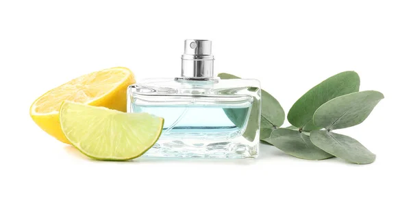 Egy Üveg Parfüm Citrusfélékkel Fehér Alapon — Stock Fotó